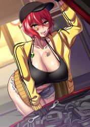 1girls bent_over big_breasts breasts cap car cleavage denim_shorts elly_(vtuber) gloves green_eyes hat huge_breasts jacket red_hair short_hair shorts solo stevechopz sweat tongue tongue_out virtual_youtuber yellow_jacket