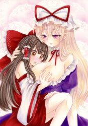 2girls armpit_crease bare_legs bare_shoulders blonde_hair blush bow breast_envy breasts brown_eyes brown_hair carrying choker cleavage commentary_request detached_sleeves dress feet_out_of_frame frilled_bow frilled_choker frilled_hair_tubes frills groping hair_tubes hairbow hakurei_reimu half-closed_eyes hand_on_another's_head hand_on_another's_leg hat hat_ribbon heart heart-shaped_pupils heart_in_eye highres knees_up large_breasts light_smile long_hair long_sleeves looking_at_another looking_at_breasts mob_cap multiple_girls neck_ribbon off_shoulder open_mouth parted_lips princess_carry purple_dress purple_eyes pussy_juice red_bow red_ribbon red_skirt red_vest reimu_hakurei ribbon skirt skirt_set sleeves_past_elbows symbol-shaped_pupils symbol_in_eye tagme touhou very_long_hair vest wide-eyed wide_sleeves yakumo_yukari yukari_yakumo yuri