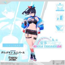 2024 ai_generated bangs black_hair blue_eyes breasts cellphone character_name copyright_name female full_body gloves high_resolution highres holding jacket long_hair looking_at_viewer medium_breasts midriff navel original phalzu phone ponytail red_socks self_upload skirt socks solo takarada_rikka thighs