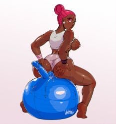 1girls ass breasts_out clothes_aside dark_skin female from_behind hair_bun inflatable masturbation medium_breasts pink_eyes pink_hair sex_toy sitting solo sportswear taffy_(theartofvero) theartofvero vaginal_penetration vero wet white_hair yoga_ball