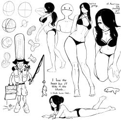 1girls 2boys bikini black_hair choker fish fishing_rod goth_girl hair_bun medium_breasts monochrome nila_(telepurte) ponytail raccoon sidelocks sketch sunbathing telepurte text thick_thighs topless