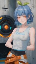 ai_generated blue_hair chell_(cosplay) leaf_on_head orange_eyes portal_(series) soyapoya streamer twitch virtual_youtuber vtuber