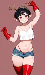 ai_generated antlers beach black_hair elf_ears eye_contact female gloves pixie_cut red red_eyes red_gloves seductive_expression short_hair smirk smug_expression stripper teasing usebackdooronly