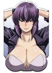 1girls arms_up blush breast_mousepad breasts butcha-u cleavage collarbone commentary_request female ghost_in_the_shell hands_on_own_head kusanagi_motoko large_breasts light-skinned_female light_skin mousepad_(medium) photoshop_(medium) purple_hair red_eyes short_hair smile solo