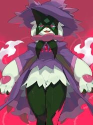 2024 3_fingers anthro breasts clothed clothing dress featureless_crotch female fingers fur generation_9_pokemon green_body green_fur hat headgear headwear hi_res kame_3 looking_at_viewer looking_down low-angle_view mask meowscarada mismagius_(cosplay) nintendo open_mouth open_smile pink_background pink_eyes pokemon pokemon_(species) red_background simple_background smile smiling smiling_at_viewer solo teeth tongue topwear viewed_from_below