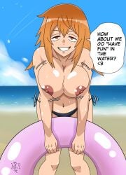 1girls beach big_breasts bikini float gamo-chan half-naked half_dressed looking_at_viewer naked_breasts no_bra partially_clothed please_don't_bully_me,_nagatoro solo solo_female text