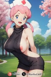 ai_generated arms_behind_back big_breasts exhibitionism nipples_outside nurse nurse_joy pink_hair pokemon stable_diffusion temper_ai virgin_killer_sweater