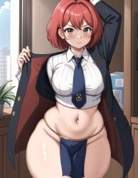 1girls ai_generated bare_thighs blush brown_eyes curvy female female_only formal formal_wear gardener_ai jacket loincloth medium_breasts midriff navel necktie no_pants original original_character pear_shaped pelvic_curtain red_hair shirt short_hair solo stable_diffusion thick_thighs thin_waist wide_hips