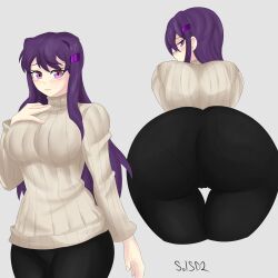 2girls artist_request ass ass_focus back_view bakery bent_over big_ass big_breasts big_butt black_leggings blush blush_lines blushing_at_viewer breasts bubble_ass bubble_butt butt_focus different_angle doki_doki_literature_club eyebrows eyebrows_visible_through_hair fat_ass fat_butt hand_on_breast horny horny_female huge_ass huge_breasts huge_butt imminent_anal imminent_penetration imminent_sex juicy_butt large_ass large_breasts large_butt leggings looking_at_viewer looking_pleasured pale-skinned_female pale_skin panties_visible_through_clothing pantylines presenting presenting_ass presenting_butt purple_eyes purple_hair smile smiling smiling_at_viewer sweater tight_clothes tight_clothing tight_pants white_sweater yuri_(doki_doki_literature_club)