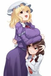 2girls blonde_hair blush breast_envy breast_rest breasts breasts_on_head brown_eyes brown_hair buttons collared_dress collared_shirt commentary dress embarrassed grimace hair_ribbon hat height_difference highres large_breasts long_sleeves looking_at_another maribel_hearn medium_hair mob_cap multiple_girls necktie open_mouth purple_dress red_neckwear renko_usami ribbon shirt sidelocks simple_background smile sweatdrop tie touhou trembling usami_renko usuaji_(artist) white_background white_ribbon white_shirt yellow_eyes yuri