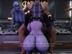 1boy 2girls 3d 3d_(artwork) alien alien_girl all_fours asari ass back_view bed bedroom being_watched big_ass big_butt blender blowjob blue_skin bottomless_female breasts dirty_talk fellatio female ffm_threesome headwear holding_object human indoors interspecies kneeling liara_t'soni light_skinned_male mass_effect massive_breasts multiple_girls nipples open_mouth purple_body quarian semi_nude submissive_female suprised tali'zorah_nar_rayya text threesome
