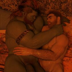 1human 1orc 2boys 2males 3d 3d_(artwork) 3d_model after_sex aftercare concerned_look cuddling flaccid flaccid_penis flaccid_penis_after_sex ginger glowing_eyes green_body green_eyes green_skin indoor_nudity indoors interspecies interspecies_yaoi loving_couple masculine masculine_male muscles muscular muscular_male oc original original_characters post_sex post_sex_clarity pubic_hair red_hair romantic romantic_ambiance romantic_couple sleeping_together sweaty sweaty_skin wereorc_(artist) yaoi