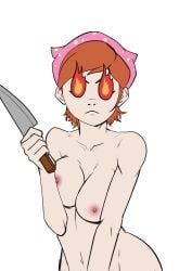 1girls 2d 2d_(artwork) 2d_artwork areola arms_around_breasts big_breasts cooking_mama fire_eyes headgear kitchen_knife kitchen_utensils knife large_breasts mama_(cooking_mama) mature mature_female milf nipples pink_areola pink_nipples quroh_art red_hair