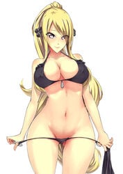 1girls bikini bikini_pull black_bikini blonde_hair blush breasts cleavage contrapposto covered_nipples cowboy_shot cynthia_(pokemon) female female_only grey_eyes hair_ornament highres human human_only long_hair looking_at_viewer navel o-ring_bikini packge pointy_chin pokemon pokemon_dppt ponytail simple_background smile solo swimsuit tied_hair translucent_hair tsurime undressing very_long_hair white_background