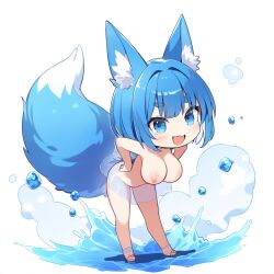 1girls agamou ai_generated aigbrea bending_forward blue_eyes blue_hair blush breasts chibi fox_ears fox_girl fox_tail hands_on_hips large_breasts nude water