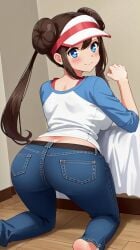 ai_generated belt big_ass blue_eyes blue_jeans blush busty creatures_(company) curvy double_bun female female_only from_behind game_freak hi_res highres jeans kneeling looking_at_viewer looking_back nintendo pokemon pokemon_(game) pokemon_bw2 pokemon_trainer rosa_(pokemon) seraphim_ai smile solo stable_diffusion tight_jeans visor_cap