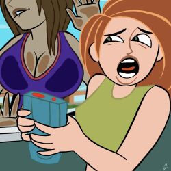 2girls alternate_breast_size artist_request big_breasts bonnie_rockwaller breast_press breasts_on_glass car disney disney_channel female female_only green_eyes human kim_possible kimberly_ann_possible large_breasts mastrophobia mastrophobia_car_boob_window_meme medium_breasts meme multiple_girls orange_hair red_hair