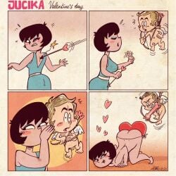 1boy 1girls albo angel_wings arrow bent_over blonde_male blue_dress blush comedy cupid cupid's_arrow fancomic female funny heart hearts humor jucika male male/female size_difference small_penis smaller_male text valentine's_day whispering