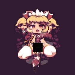 absurdres bar_censor blonde_hair blush bow brown_background brown_eyes censored commentary_request cookie_(touhou) cum female full_body hairbow headdress highres m.u.g.e.n monster nikukabe_(mugen) oerba_yun_fang open_mouth pixel_art red_bow restrained shiriri_saikyo short_hair solo sunny_milk tentacle tentacle_sex thighhighs tonchamon_san touhou two_side_up white_thighhighs