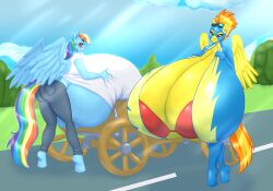 2019 anthro ass big_breasts biped blues64 blush bottomwear breasts cleavage clothed clothing detailed_background equid equine eyewear feathered_wings feathers female friendship_is_magic goggles hair hi_res holding_breast huge_breasts hyper hyper_breasts jeans looking_at_viewer mammal my_little_pony outside pants pterippus rainbow_dash_(mlp) road shirt sky smile spitfire_(mlp) t-shirt topwear tree under_boob vehicle wagon wings wonderbolts_(mlp)