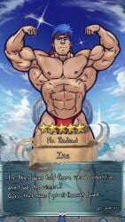 1boy abs bara biceps blue_eyes blue_hair bodybuilder double_biceps_pose english_text fire_emblem fire_emblem:_radiant_dawn fire_emblem_heroes flexing headband hi_res human ike_(fire_emblem) large_pectorals lycanretweet male male_only male_underwear manly masculine muscular muscular_male nintendo nipples no_visible_genitalia pecs pectorals pose red_headband red_male_underwear short_hair solo solo_male text_box thick thighs twitter_username underwear_only