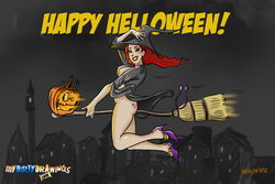 1girls ass blush bottomless breasts broom_riding broomstick english_text female flying_broom functionally_nude halloween high_heels jack-o'-lantern nipples red_hair solo text witch witch_hat