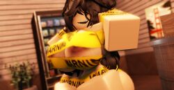 2023 3d 3d_(artwork) arms_behind_head ass barrel big_breasts breasts brown_hair caution_tape commission digital_media_(artwork) eyes_covered female freckles indoors long_hair messy_hair mouth_open naked nude nude_female partially_clothed plant poster robinmorserr34 roblox roblox_avatar robloxian sharp_teeth solo standing thick_ass vending_machine white_skin