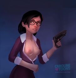 1girls 2d 2d_(artwork) 5_fingers artist_logo artist_name artist_website black_hair black_skirt blue_background blurred_background blurry breasts breasts_out carolinetoons cautious collarbone color colored ears exposed_breasts eyebrows eyelashes female female_focus female_only fist glasses green_eyes gun hi_res high_resolution highres holding_gun holding_object holding_weapon hourglass_figure light-skinned_female light_skin lips lipstick looking_away medium_breasts medium_hair miss_pauling night nipples partially_nude partially_nude_female pink_nipples purple_shirt shiny_skin shirt shirt_open simple_background skinny skirt sleeves_rolled_up solo solo_female solo_focus standing team_fortress_2 tf2 tits_out valve