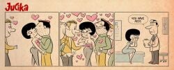 1girls aids blush dark_hair doctor english_text erection fancomic female handjob hands_covering_face heart hotdiggedydemon hotdiggedydemon_(artist) jucika kissing male male/female multiple_males party penis standing_handjob std text