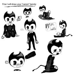 2boys bendy bendy_and_the_ink_machine digital_media_(artwork) joey_drew_studios kneeling male_only monochrome monster non-human smile tail toony