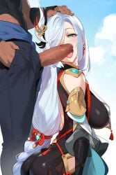 1boy 1girls ai_generated ass big_breasts blush bodysuit bodysuit_under_clothes dark-skinned_male depressu genshin_impact huge_cock imminent_fellatio interracial large_breasts long_hair penis shenhe_(genshin_impact) solo_focus straight testicles tongue