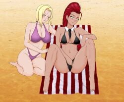 2girls anoneysnufftan applying_sunscreen aurastudio beach bikini blonde_hair crimson_viper crossover dark-skinned_female dark_skin embarrassed female female_only green_eyes humiliation imminent_death killer_lotion massage murder naruto peril punishment red_hair rubbing sand snuff street_fighter summer sunbathing swimsuit towel tsunade