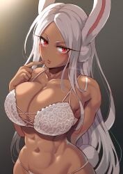 1girls abs absurdres animal_ears bare_shoulders boku_no_hero_academia bra breasts cleavage collarbone criss-cross_straps dark-skinned_female dark_skin female finger_to_mouth harurukan highres large_breasts lingerie long_hair looking_at_viewer miruko my_hero_academia nail_polish navel panties parted_bangs parted_lips rabbit_ears rabbit_girl rabbit_tail red_eyes red_nails rumi_usagiyama skindentation solo stomach tail toned twitter_username underwear very_long_hair white_bra white_hair white_panties