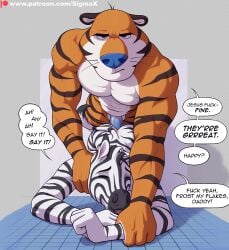 anthro black_body black_fur comic duo english_text equid equine felid frosted_flakes fur gay locker_room male male/male male_penetrated male_penetrating male_penetrating_male mammal muscular muscular_male orange_body orange_fur pantherine penetration profanity sex sigma_x striped_body stripes tagme text tiger tony_the_tiger zebra