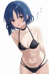 1girls arms_behind_back ass bare_arms bare_midriff bare_shoulders bare_thighs belly belly_bulge belly_button black_bra black_panties black_underwear blue_hair blue_hair_female blush bocchi_the_rock! bra breasts breasts choker cleavage collarbone dot_nose elbows female female_focus female_only groin hair_pin hands_behind_back high_resolution highres leaning_forward light_skin looking_at_viewer makise_(mix020511) mole mole_under_eye navel nude panties petite petite_body petite_breasts petite_female petite_girl short_hair simple_background slender_body slender_waist slim_girl slim_waist small_breasts solo standing student sweat sweatdrop sweating teenager thighs thin_waist underwear upper_body white_background yamada_ryou yellow_eyes