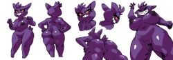 absurd_res anthro anthrofied anus ass big_breasts bittenhard breasts closed_eyes collage darkened_nipples eyelashes female generation_1_pokemon gengar genitals glistening glistening_body hi_res huge_breasts humanoid model_sheet nintendo nipples nude pokemon pokemon_(species) presenting presenting_hindquarters purple_body purple_nipples pussy red_eyes sharp_teeth short_stack simple_background smile solo teeth thigh_thighs white_background wide_hips