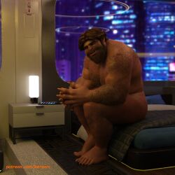 1boy 1male 3d 3d_(artwork) 3d_model cityscape cyberpunk hairy hairy_body hairy_male half-human half-orc hybrid indoor_nudity indoors male male_focus male_only male_solo no_visible_genitalia oc original original_character solo solo_focus solo_male wereorc_(artist)