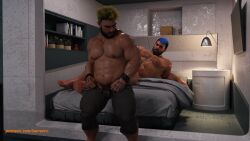 2boys 2humans 2males 3d 3d_(artwork) 3d_model after_sex bara bara_tiddies bara_tits blue_hair dwarf erect_nipples gay indoor_nudity indoors leaving male/male male_focus male_only manly masculine muscles muscular muscular_male naked_male nude_male oc original original_characters pants_on pink_nipples putting_clothes_on sad taking_off wereorc_(artist) yellow_hair