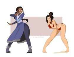 2girls artist_name avatar_legends avatar_the_last_airbender azula bare_legs bare_shoulders barefoot bent_over bikini biting_lip black_hair blue_boots blue_dress blue_eyes blush body_control boots braid breasts brown_eyes brown_hair choker clothing confident_female confident_smile cross-eyed defeated dress duo embarrassed enemies feet female female_only fire_nation full_body fur_trim hair_ornament humiliation katara legs light-skinned light-skinned_female long_braid long_hair makeup medium_breasts merunyaa multiple_girls nickelodeon peeing peeing_self pigeon_toed ponytail pose red_bikini red_lips red_swimsuit short_hair side-tie_bikini sidelocks simple_background single_braid smile standing submission swimsuit tan-skinned_female tan_skin tied_hair tiptoes water_tribe white_background