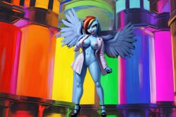 ai_generated anthro anthro_only blue_fur breast breasts_out edited evil evil_eyes evil_smile fanfiction female female_focus female_only high_heels labcoat magenta magenta_eyes my_little_pony nipples nude_female pegasus pegasus_wings rainbow_dash_(mlp) rainbow_factory_(mlp_fanfic) rainbow_hair rainbow_tail rainbowfactory vagina