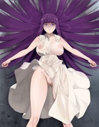 bare_shoulders blunt_bangs bra breasts cleft_of_venus emotionless expressionless female fern_(sousou_no_frieren) highres large_breasts long_hair nipples paid_reward_available panties purple_eyes purple_hair pussy see-through shaded_face shoujo_donburi solo sousou_no_frieren underwear very_long_hair white_bra white_panties