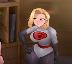 1girls android_18 blonde_hair dragon_ball elastigirl_(cosplay) female female_only flytrapxx fully_clothed girl solo the_incredibles third-party_edit wide_hips