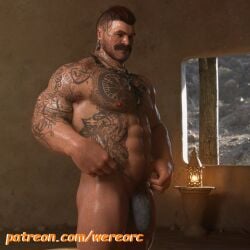 1boy 1human 3d 3d_(artwork) 3d_model bara bara_tiddies bara_tits brown_hair bulge bulge_through_clothing bulge_under_clothes handsome indoors male male_focus manly masculine muscles muscular muscular_male oc original original_character scantily_clad skimpy_underwear solo solo_focus solo_male tattoo_on_arm tattoo_on_chest tattooed_arm tattooed_male tattoos thick_mustache wereorc_(artist)