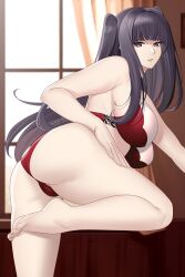 1girls aslindsamure ass bangs bare_arms bare_legs barefoot black_eyes black_hair bra breasts female female_only fire_emblem fire_emblem_awakening indoors large_ass large_breasts legs lingerie looking_at_viewer looking_back nintendo panties partially_visible_vulva red_panties solo tharja_(fire_emblem) thick_thighs underwear