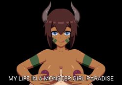 1boy 1girls 2d 2d_animation advertisement animated anime_eyes anime_style big_breasts brown_skin game game_cg horn human humanoid loop looping_animation minotaur minotaur_female monster_girl paizuri patreon pov pov_male tagme video white_skin xoullion