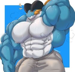 abs absurd_res anthro bara big_arms big_muscles big_pecs black_eyes blue_background blue_body blue_skin blush border bottomwear bulge clothed clothing ellipsis fin front_view generation_3_pokemon genital_outline hand_behind_head hi_res huge_muscles hyper hyper_muscles looking_down male male_only muscular muscular_arms muscular_male navel nintendo nipples orange_sclera pants pecs penis_outline pokemon pokemon_(species) raised_arm robinmg_45 simple_background solo standing swampert sweatpants topless vein wet white_background white_body white_border white_nipples white_skin