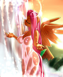 anthro breasts closed_eyes dress equine female fluttershy_(mlp) friendship_is_magic furry gown my_little_pony nature nipples outdoors parted_lips pegasus pink_hair see-through skecchiart smile solo standing sunlight water waterfall wings yellow_fur