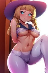 ai_generated big_breasts blonde_hair blush busty cleavage creatures_(company) curvy cyan_eyes female female_only game_freak hat hi_res highres lillie_(pokemon) navel nintendo pantyhose pokemon pokemon_(game) pokemon_sm pokemon_trainer raised_leg seraphim_ai smile solo stable_diffusion sunhat tights twintails underboob