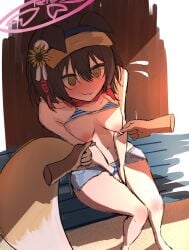 1girl 1girls 1other @_@ allied_hyakkiyako_academy_student animal_ears between_legs bikini bikini_top_lift blue_archive blush breasts breasts_out brown_background brown_hair closed_mouth clothes_lift commentary_request denim denim_shorts disembodied_limb earosoligt embarrassed feet_out_of_frame female floppy_ears flower flying_sweatdrops foreshortening fox_ears fox_girl fox_tail hair_between_eyes hair_flower hair_ornament halo hand_between_legs highres izuna_(blue_archive) izuna_(swimsuit)_(blue_archive) knees_together_feet_apart medium_breasts medium_hair navel nervous_smile ninjutsu_research_club_(blue_archive) nipple_stimulation nipple_tweak nipples nose_blush oerba_yun_fang paid_reward_available pink_halo shorts simple_background sitting sitting_on_bench skin_fang smile solo_focus striped_bikini striped_clothes sunflower sunflower_hair_ornament swimsuit tail thighs v_arms visor_cap wavy_mouth yellow_eyes