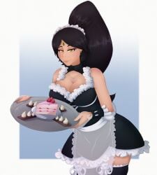 1girl 1girls big_breasts black_hair black_hair_female boob_window cake female_focus forehead_gem forehead_jewel french_maid french_maid_nidalee gem_on_forehead hi_res high_res high_resolution highres jewel_on_forehead large_breasts league_of_legends long_hair long_hair_female looking_at_viewer maid maid_apron maid_dress maid_headdress maid_outfit maid_stockings maid_uniform narifoxi nidalee plate riot_games simple_background smile smiling_at_viewer solo solo_female stockings tray yellow_eyes yellow_eyes_female zettai_ryouiki